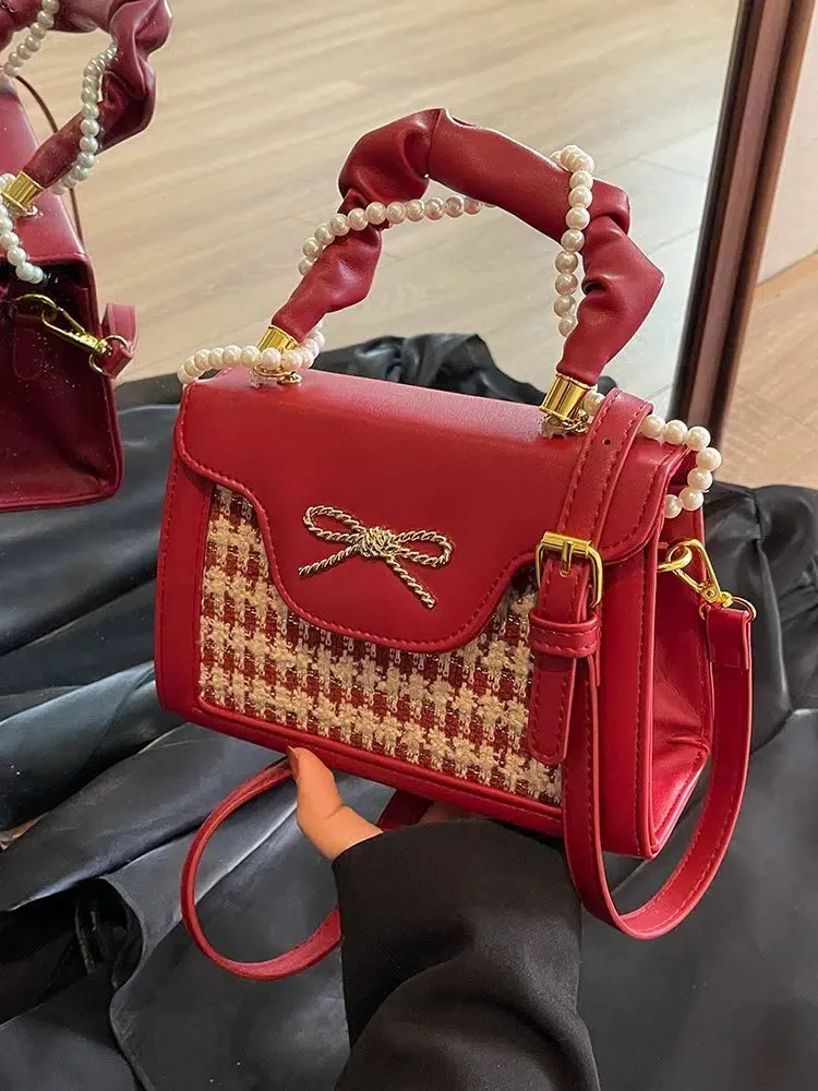 Pearl Handle Bow Plaid Handbag