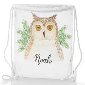 Personalised Glitter Drawstring Backpack with Brown Owl Pine Tree and Cute Text