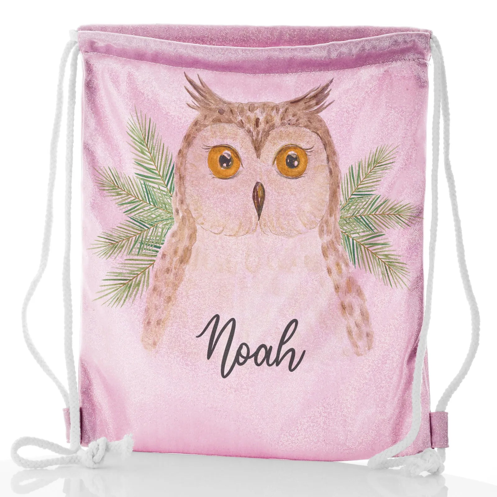 Personalised Glitter Drawstring Backpack with Brown Owl Pine Tree and Cute Text
