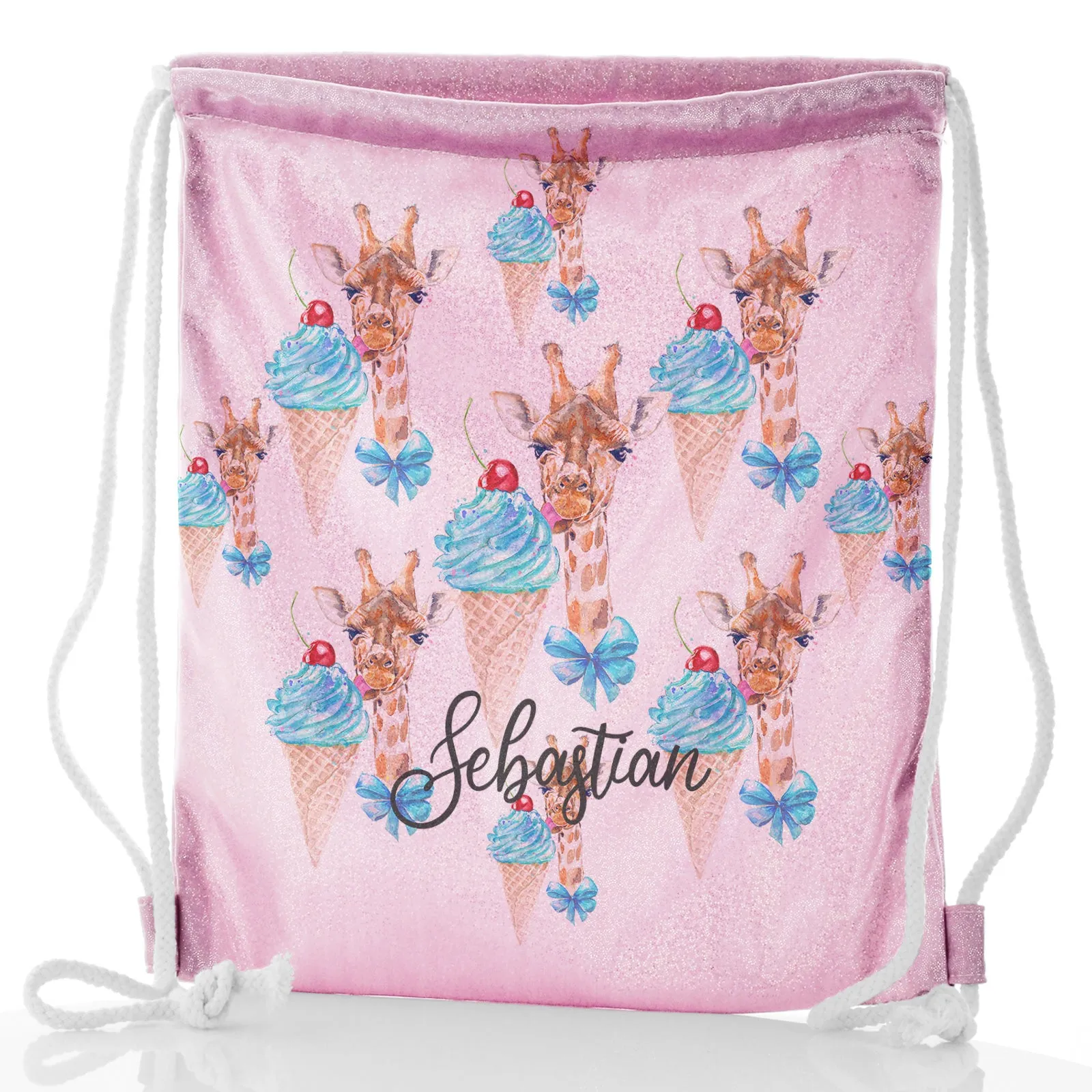 Personalised Glitter Drawstring Backpack with Giraffe Blue Ice creams and Cute Text