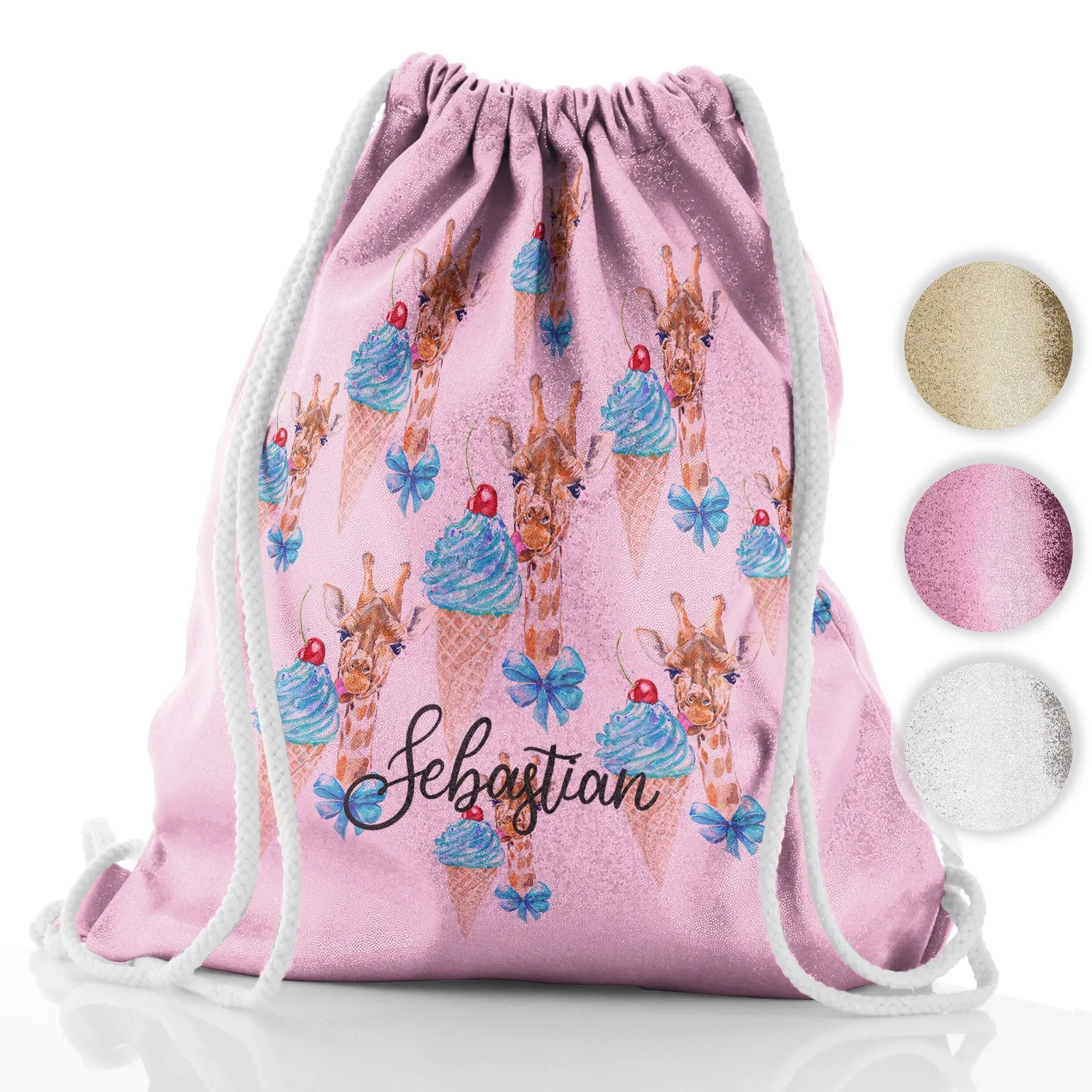 Personalised Glitter Drawstring Backpack with Giraffe Blue Ice creams and Cute Text