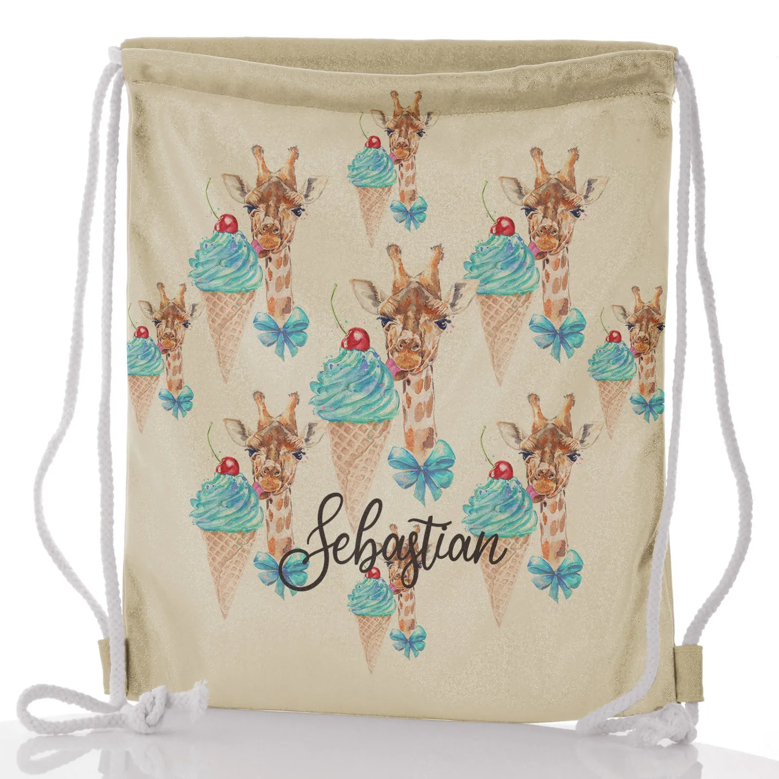 Personalised Glitter Drawstring Backpack with Giraffe Blue Ice creams and Cute Text