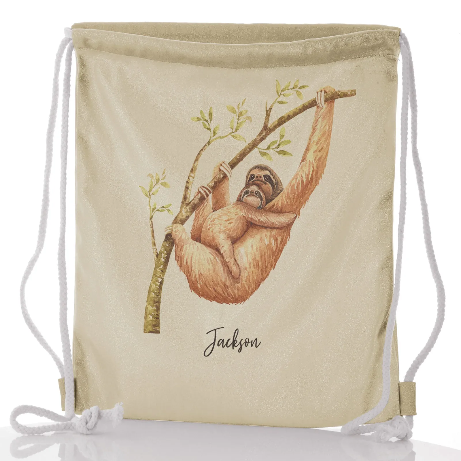 Personalised Glitter Drawstring Backpack with Welcoming Text and Climbing Mum and Baby Sloths