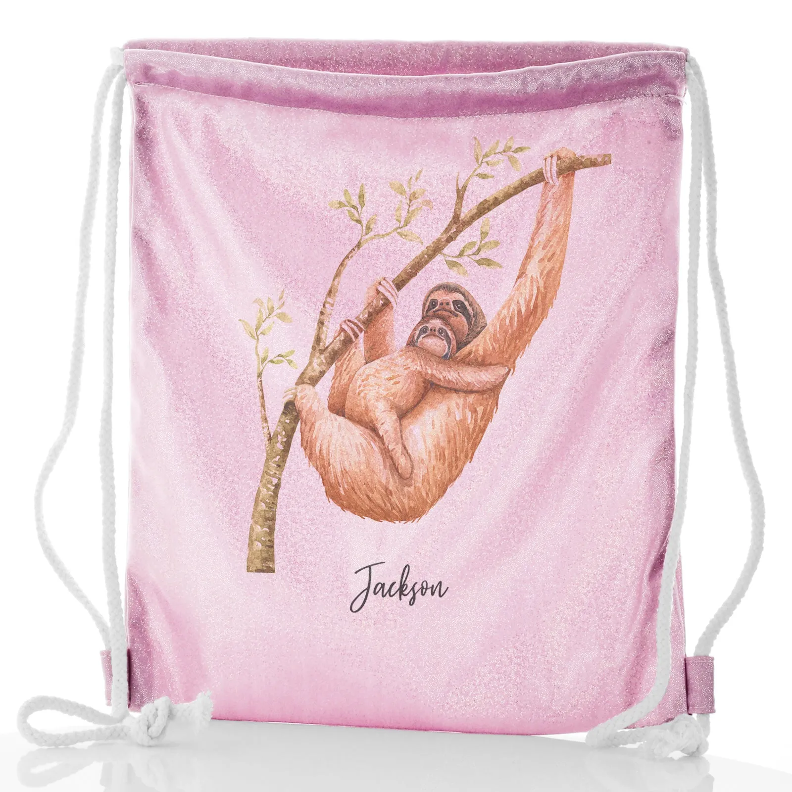 Personalised Glitter Drawstring Backpack with Welcoming Text and Climbing Mum and Baby Sloths