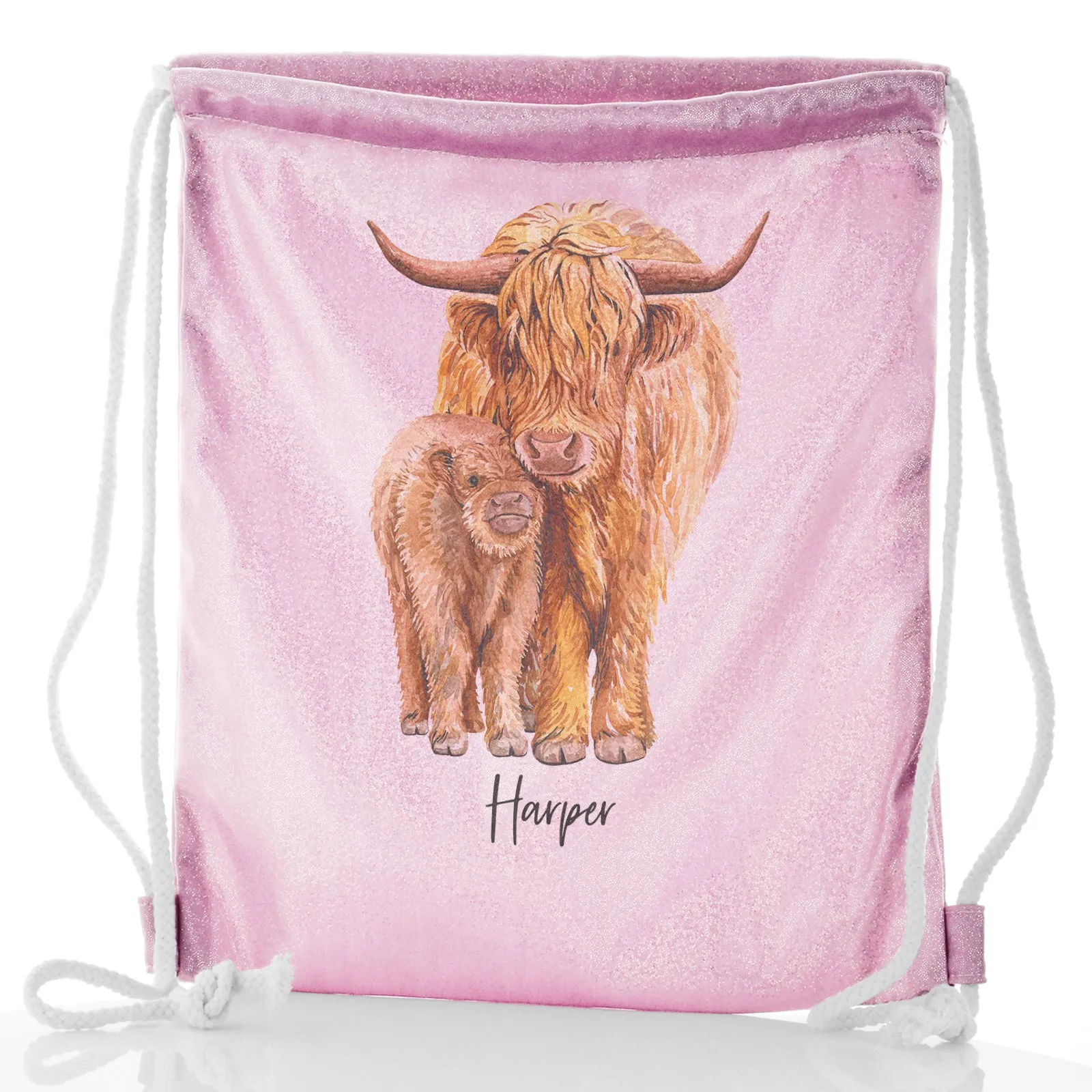 Personalised Glitter Drawstring Backpack with Welcoming Text and Relaxing Mum and Baby Highland Cows