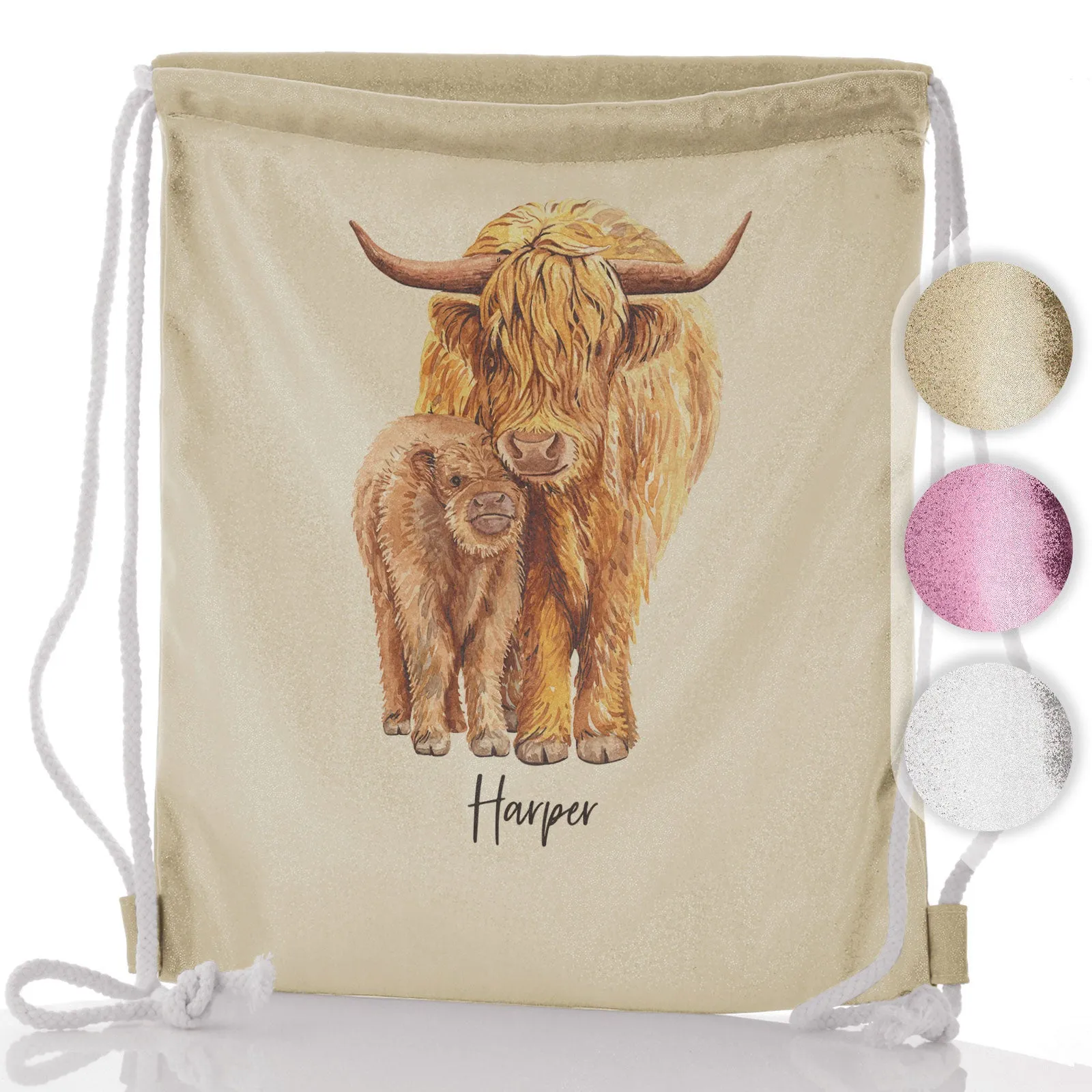 Personalised Glitter Drawstring Backpack with Welcoming Text and Relaxing Mum and Baby Highland Cows