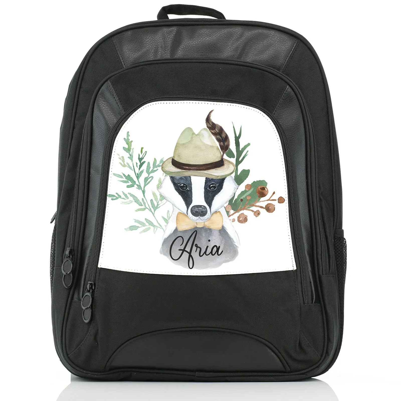Personalised Rucksack with Badger Feather Hat and Cute Text