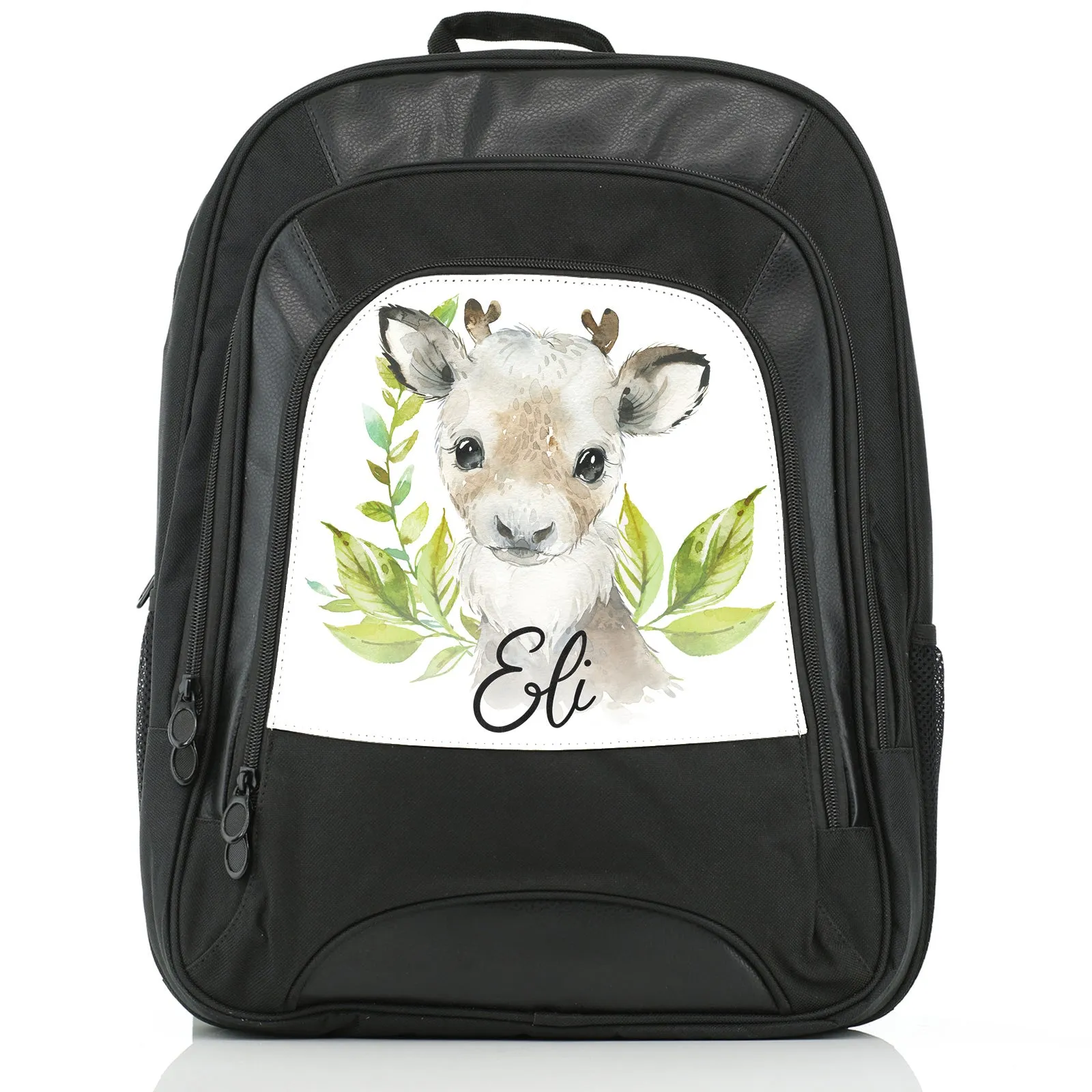 Personalised Rucksack with Christmas Reindeer Deer Green Leaves and Cute Text