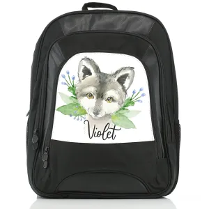 Personalised Rucksack with Grey Wolf Blue Flowers and Cute Text