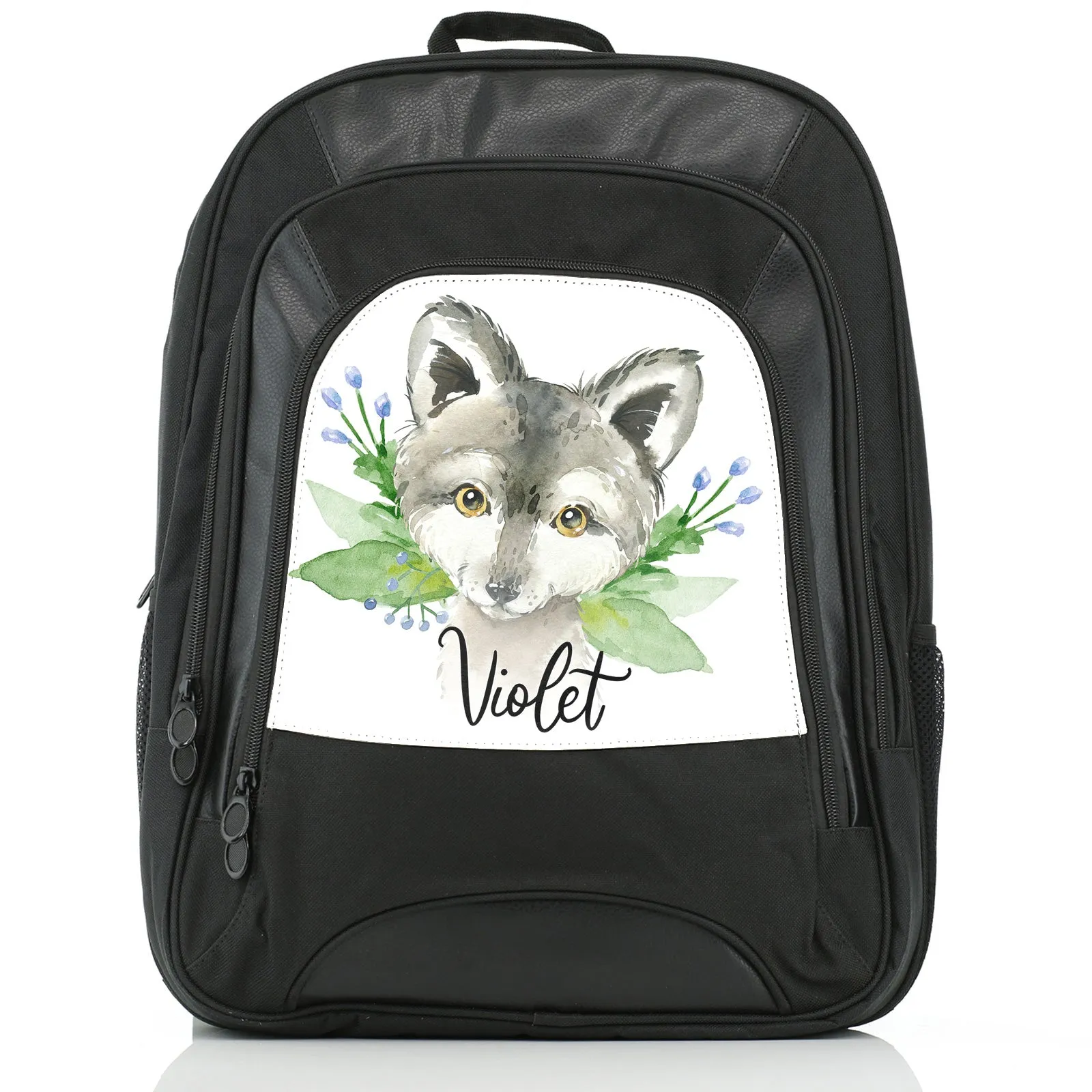 Personalised Rucksack with Grey Wolf Blue Flowers and Cute Text