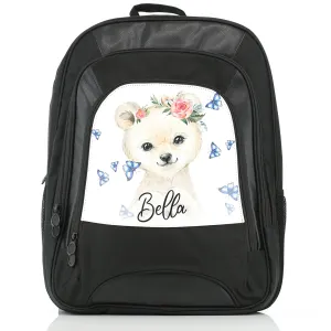 Personalised Rucksack with White Polar Bear Blue Butterflies and Cute Text