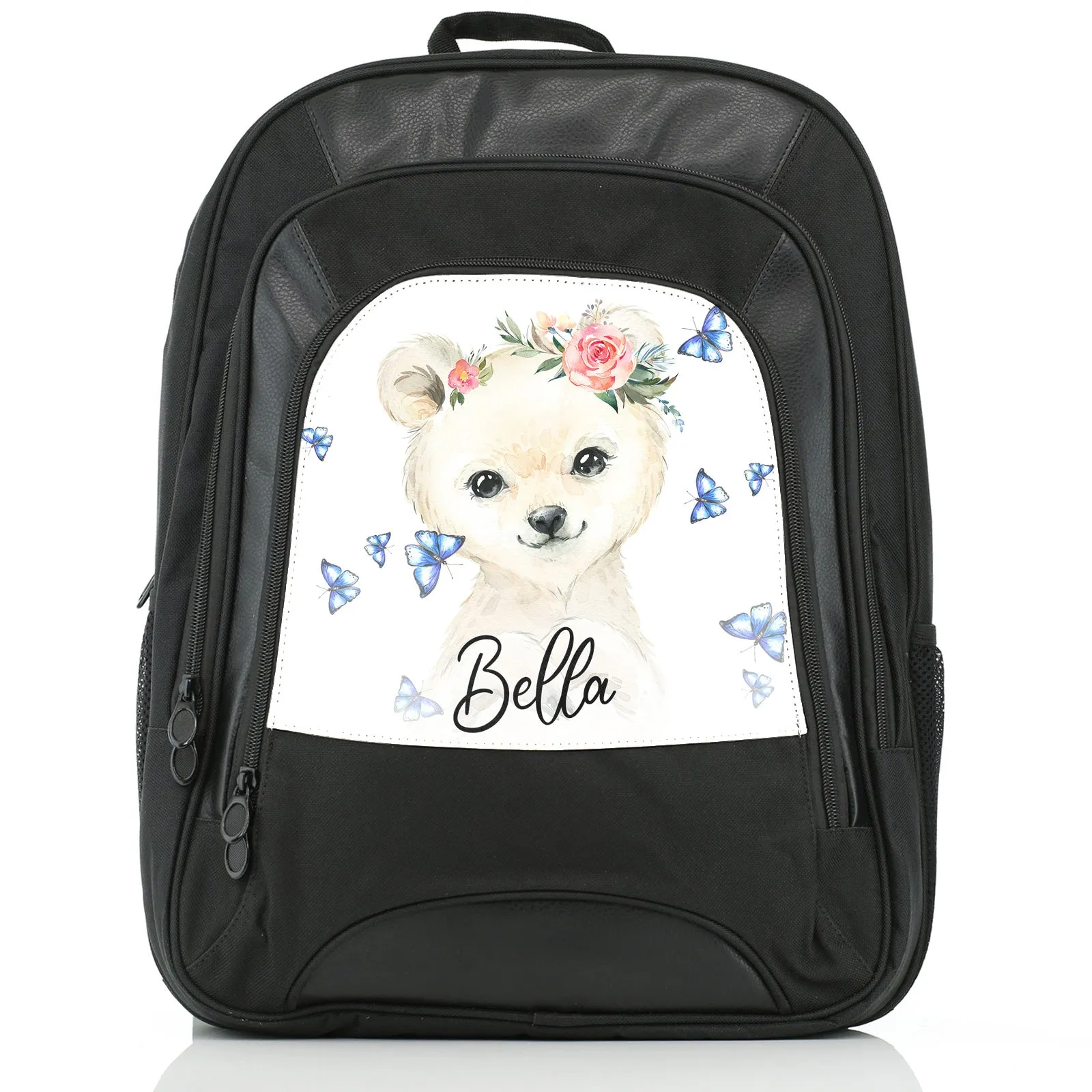 Personalised Rucksack with White Polar Bear Blue Butterflies and Cute Text