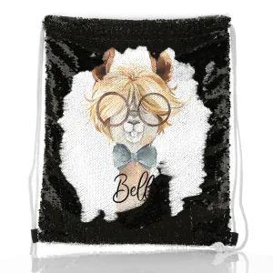 Personalised Sequin Drawstring Backpack with Alpaca Bow Tie and Glasses and Cute Text