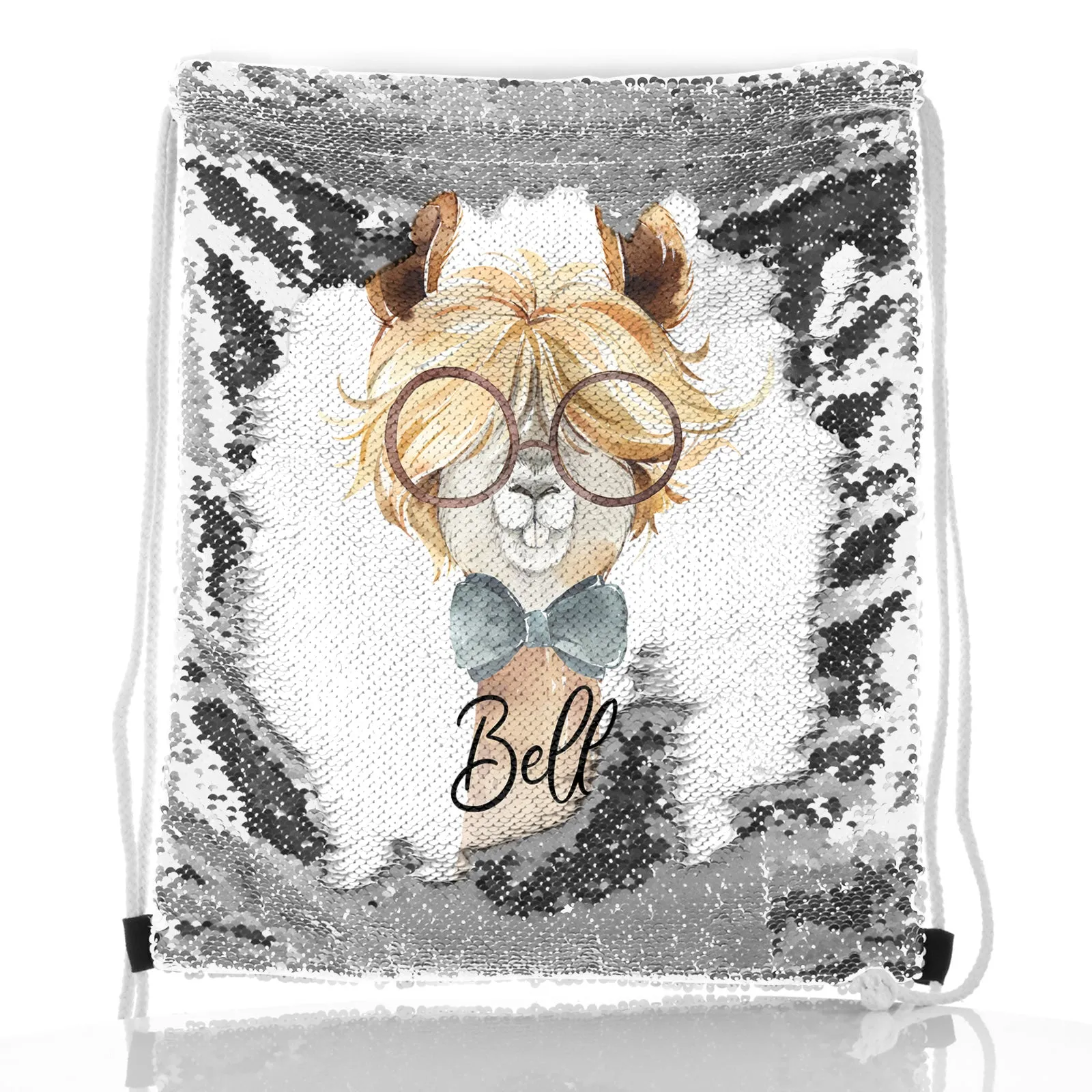 Personalised Sequin Drawstring Backpack with Alpaca Bow Tie and Glasses and Cute Text