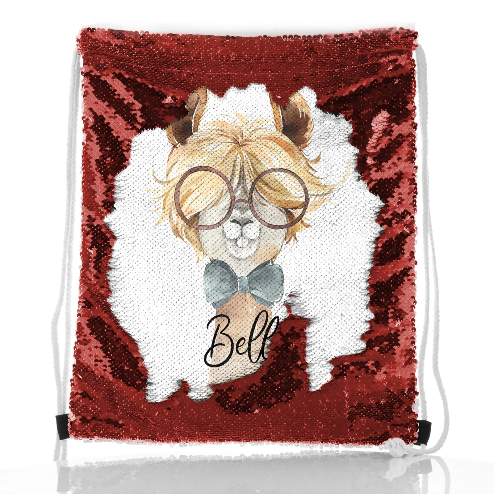 Personalised Sequin Drawstring Backpack with Alpaca Bow Tie and Glasses and Cute Text