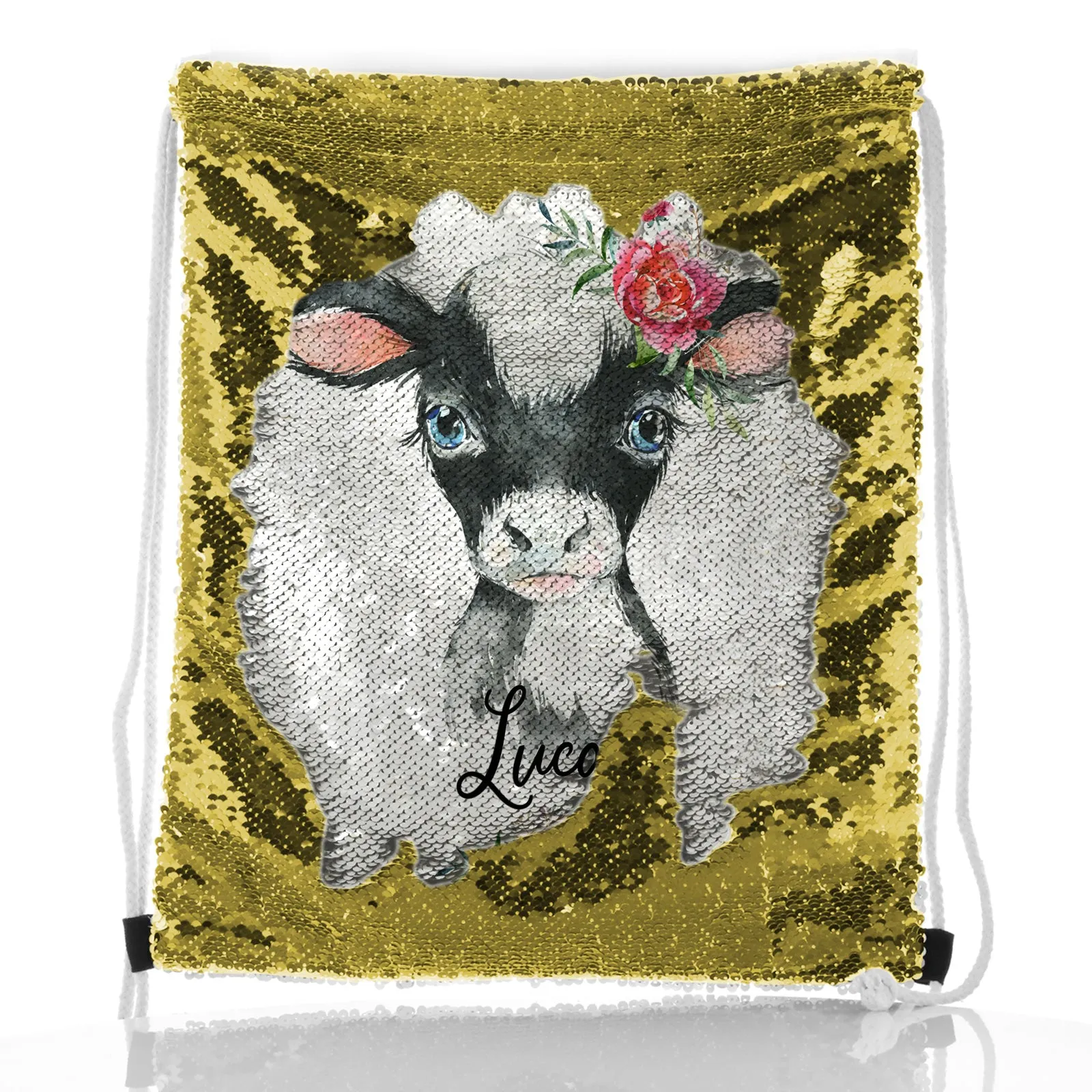 Personalised Sequin Drawstring Backpack with Black and White Cow Pink Rose Flowers and Cute Text
