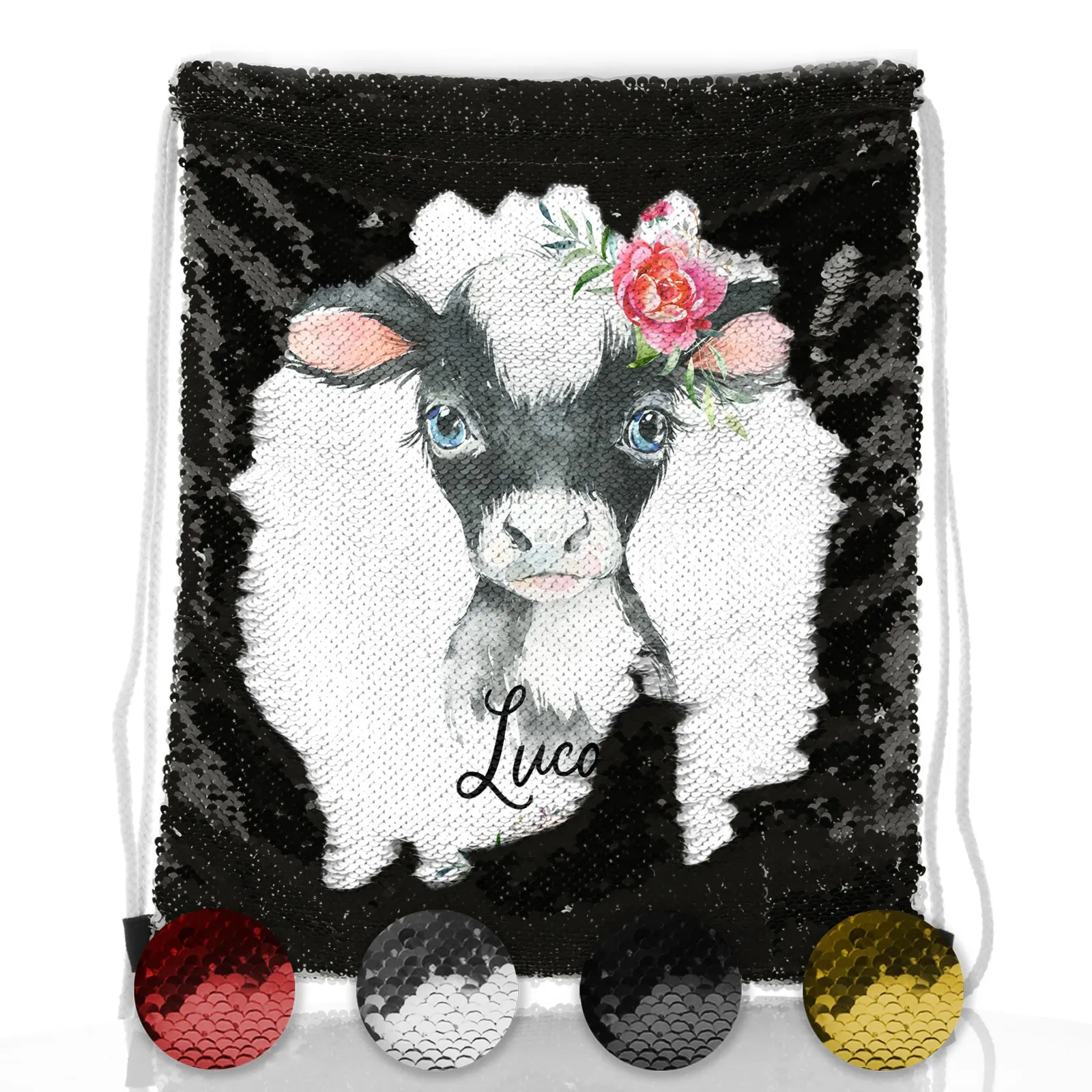 Personalised Sequin Drawstring Backpack with Black and White Cow Pink Rose Flowers and Cute Text