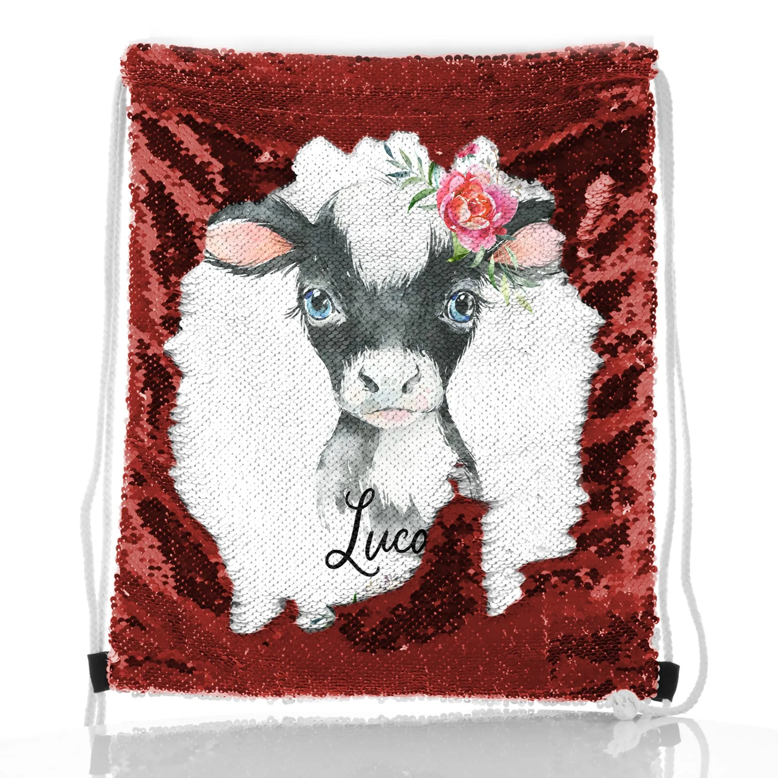 Personalised Sequin Drawstring Backpack with Black and White Cow Pink Rose Flowers and Cute Text