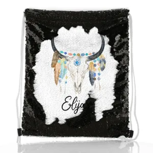 Personalised Sequin Drawstring Backpack with Cow Skull Feathers and Cute Text