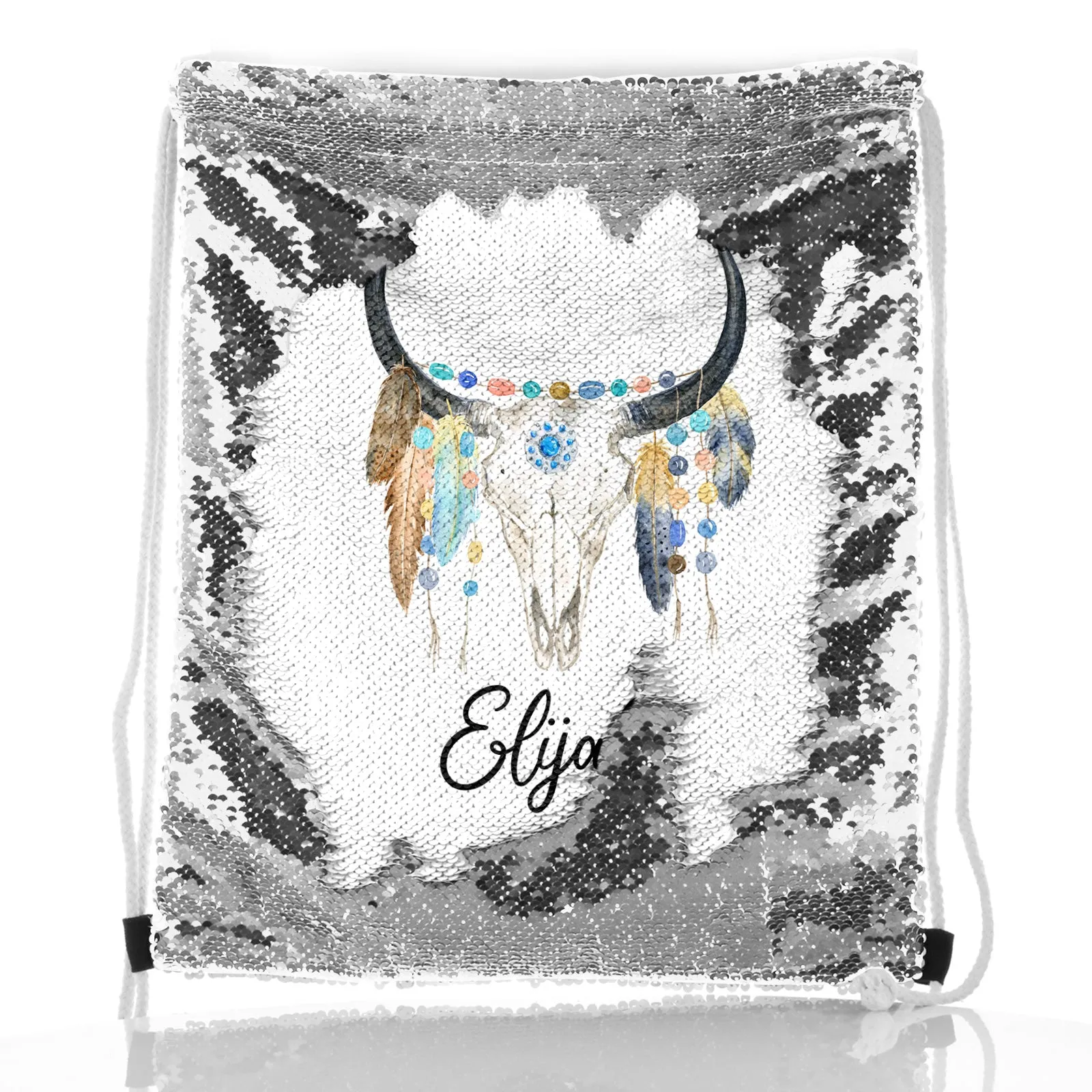 Personalised Sequin Drawstring Backpack with Cow Skull Feathers and Cute Text