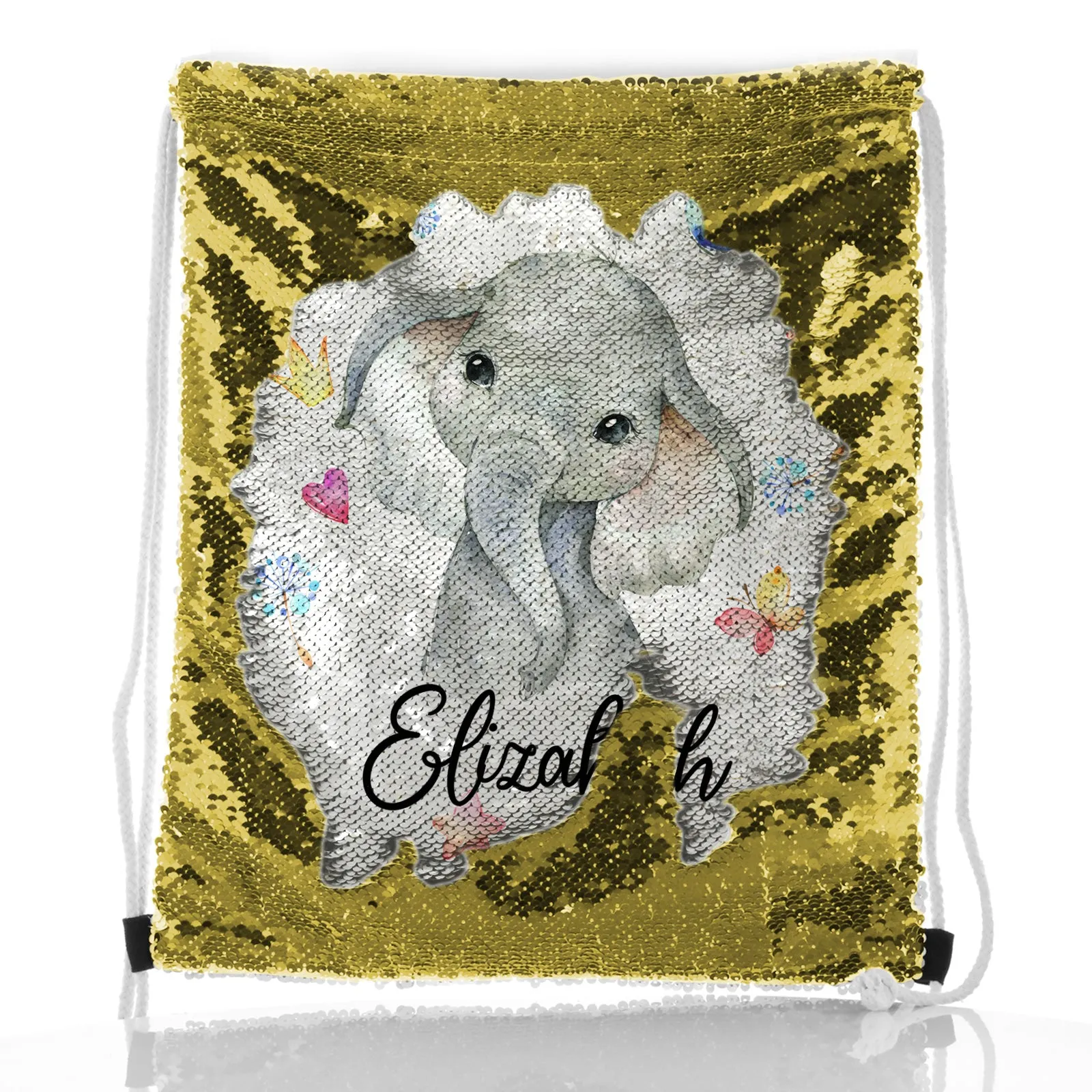 Personalised Sequin Drawstring Backpack with Grey Elephant with Hearts Stars Crowns Butterfly and Cute Text