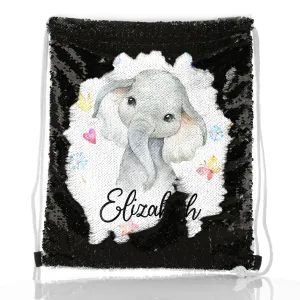 Personalised Sequin Drawstring Backpack with Grey Elephant with Hearts Stars Crowns Butterfly and Cute Text