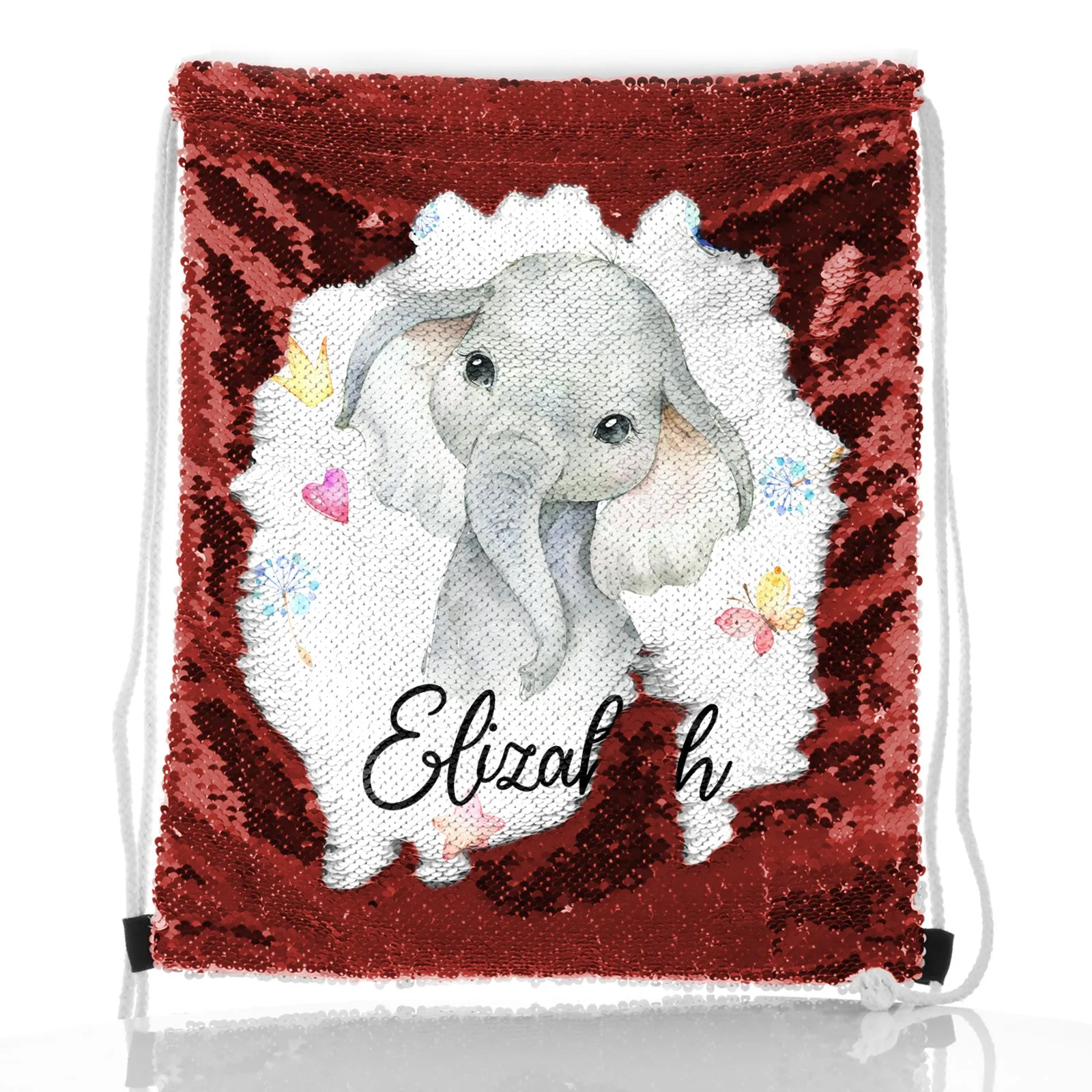 Personalised Sequin Drawstring Backpack with Grey Elephant with Hearts Stars Crowns Butterfly and Cute Text