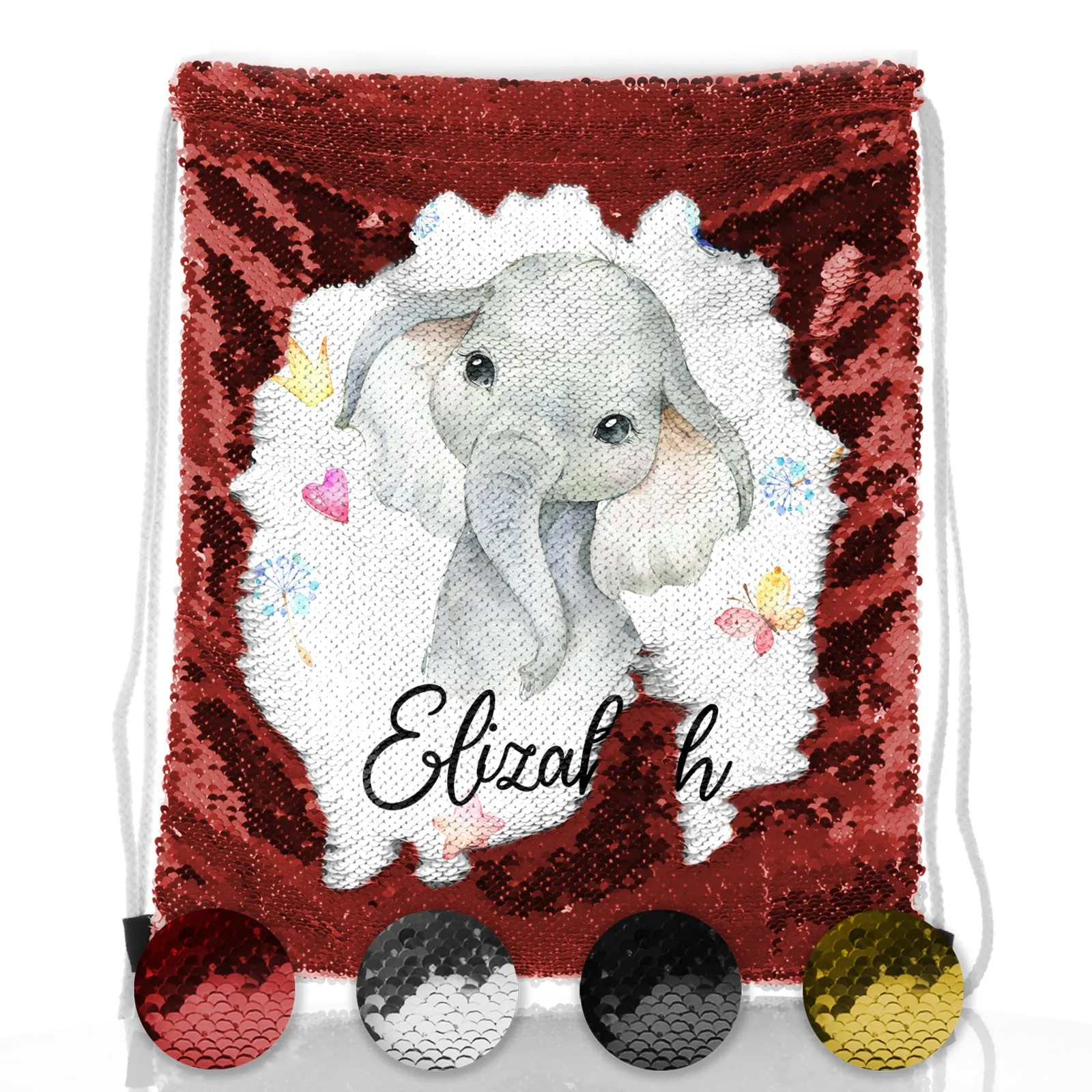 Personalised Sequin Drawstring Backpack with Grey Elephant with Hearts Stars Crowns Butterfly and Cute Text