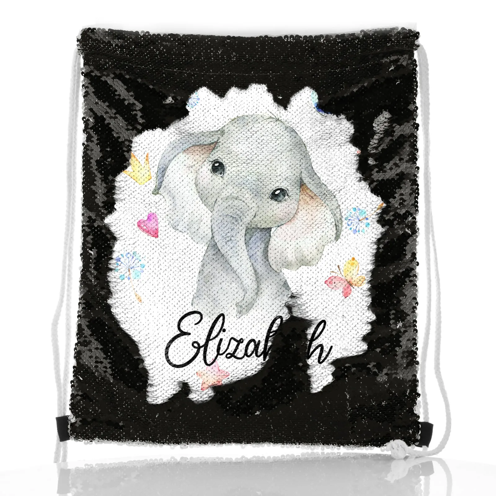 Personalised Sequin Drawstring Backpack with Grey Elephant with Hearts Stars Crowns Butterfly and Cute Text