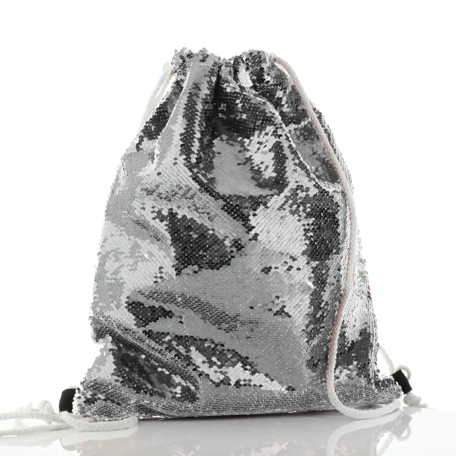 Personalised Sequin Drawstring Backpack with Grey Elephant with Hearts Stars Crowns Butterfly and Cute Text