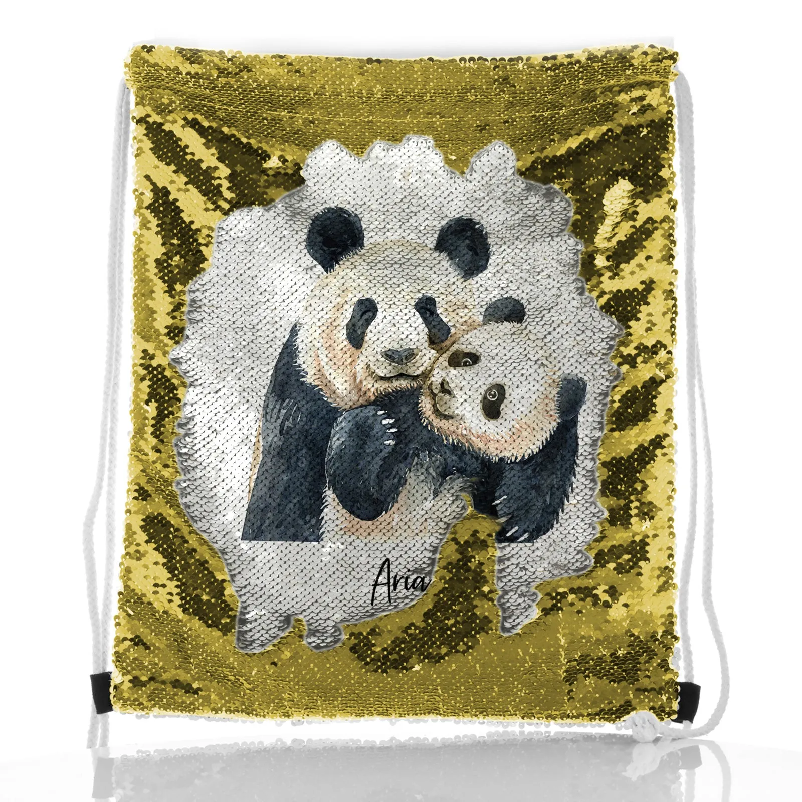 Personalised Sequin Drawstring Backpack with Welcoming Text and Embracing Mum and Baby Pandas