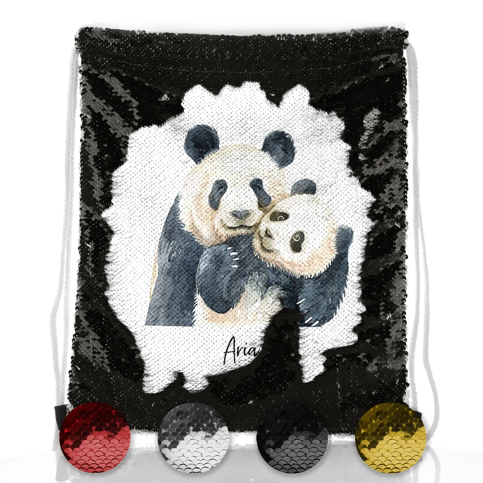 Personalised Sequin Drawstring Backpack with Welcoming Text and Embracing Mum and Baby Pandas