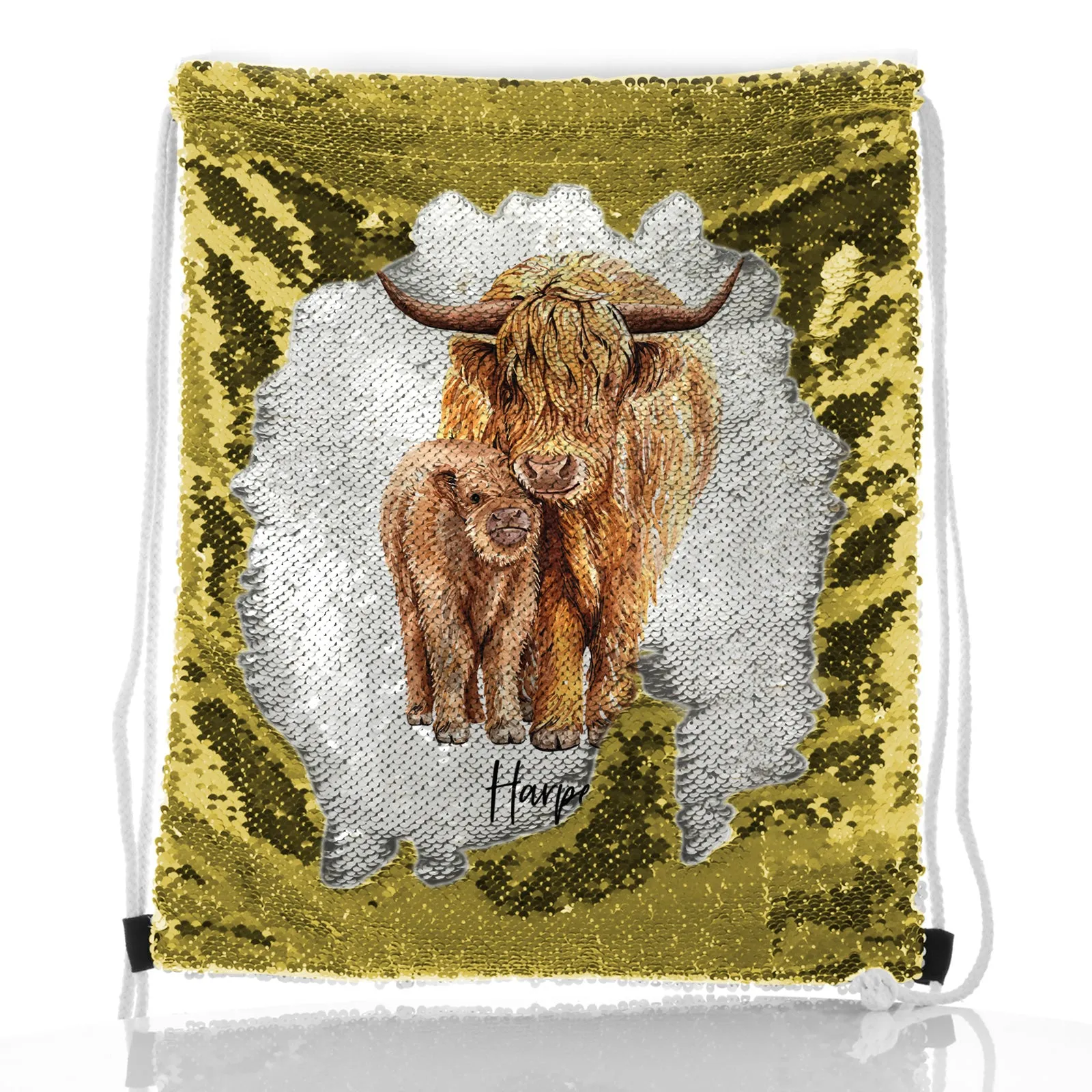 Personalised Sequin Drawstring Backpack with Welcoming Text and Relaxing Mum and Baby Highland Cows