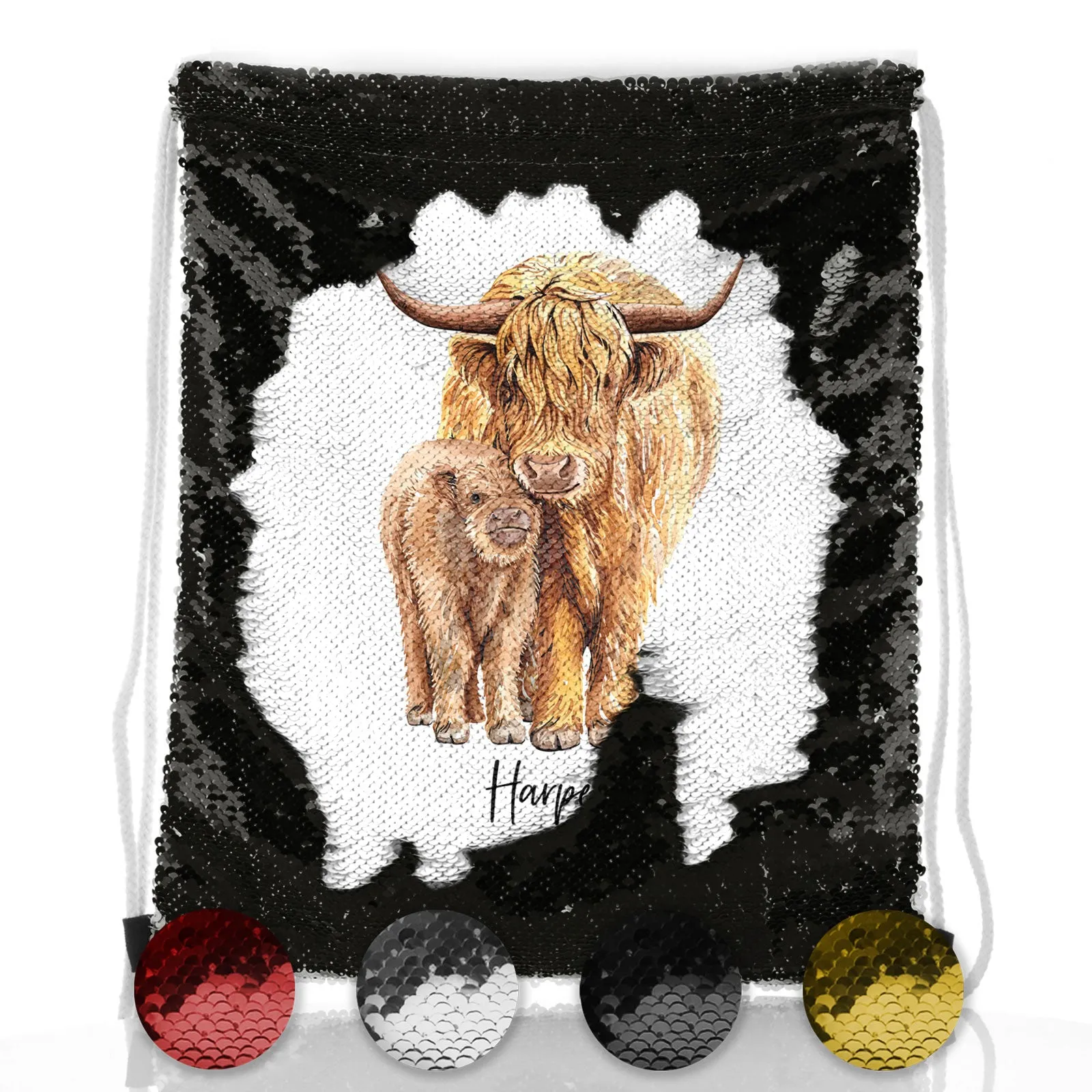 Personalised Sequin Drawstring Backpack with Welcoming Text and Relaxing Mum and Baby Highland Cows