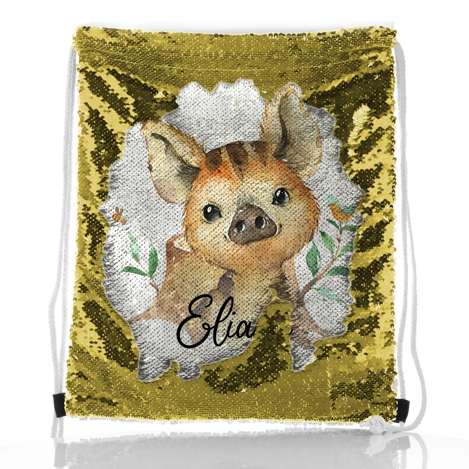 Personalised Sequin Drawstring Backpack with Wild Boar Piglet with Bird and Bees and Cute Text