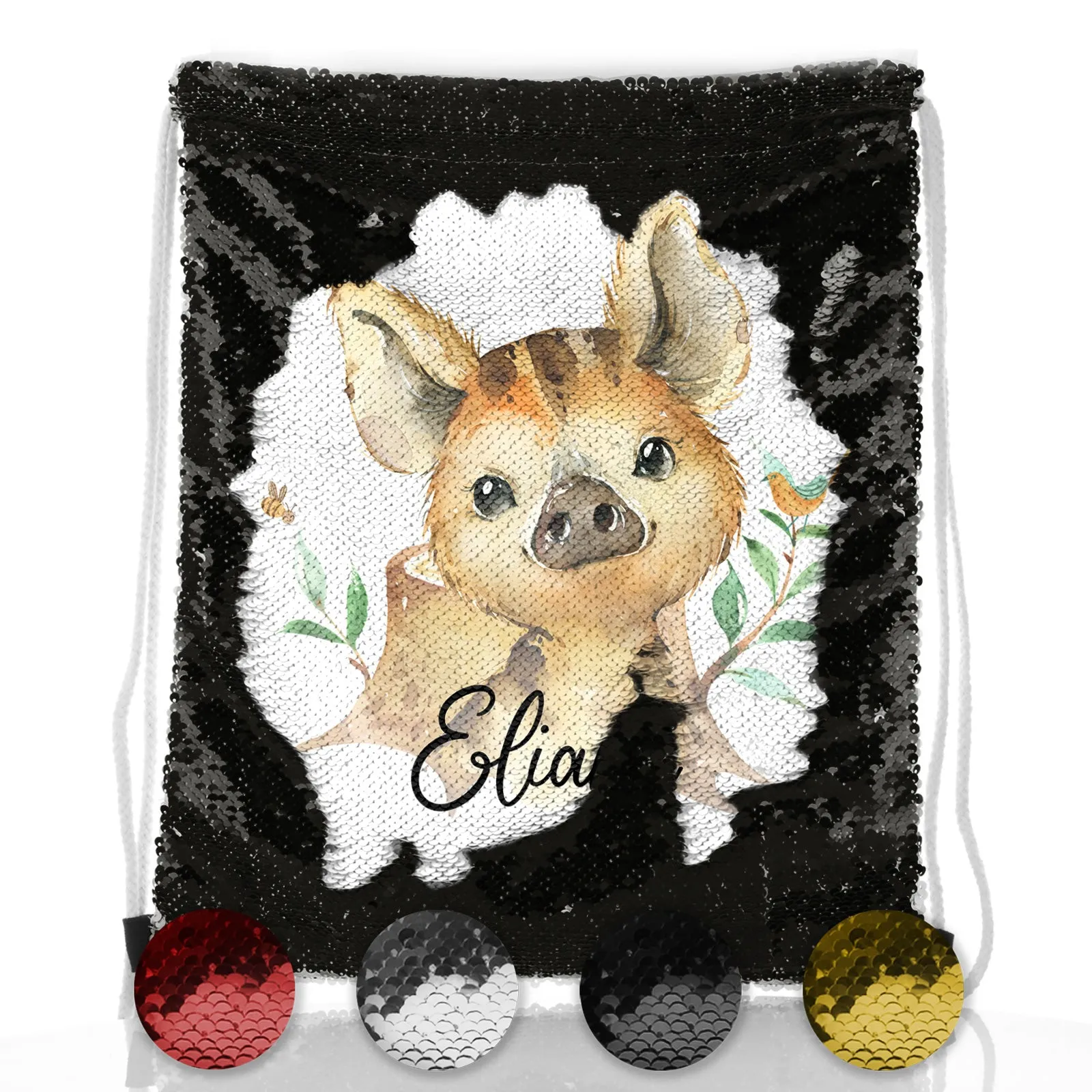 Personalised Sequin Drawstring Backpack with Wild Boar Piglet with Bird and Bees and Cute Text
