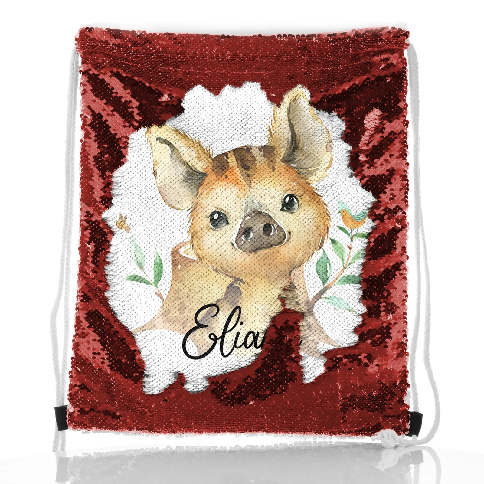 Personalised Sequin Drawstring Backpack with Wild Boar Piglet with Bird and Bees and Cute Text