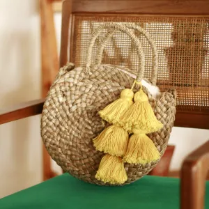 Petite Luna Bag - Round Straw Tote Bag with Yellow Tassels