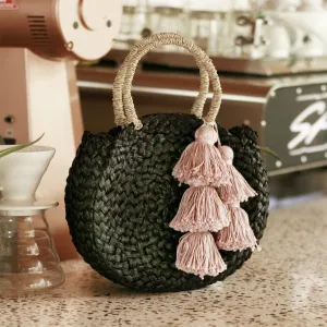 Petite Noir Luna Bag - Round Straw Tote Bag with Blush Pink Tassels