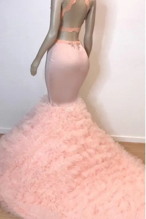 Pink Halter Sleeveless Mermaid Prom Dresses New Arrival Chic Open Back Lace Tulle Evening Gowns