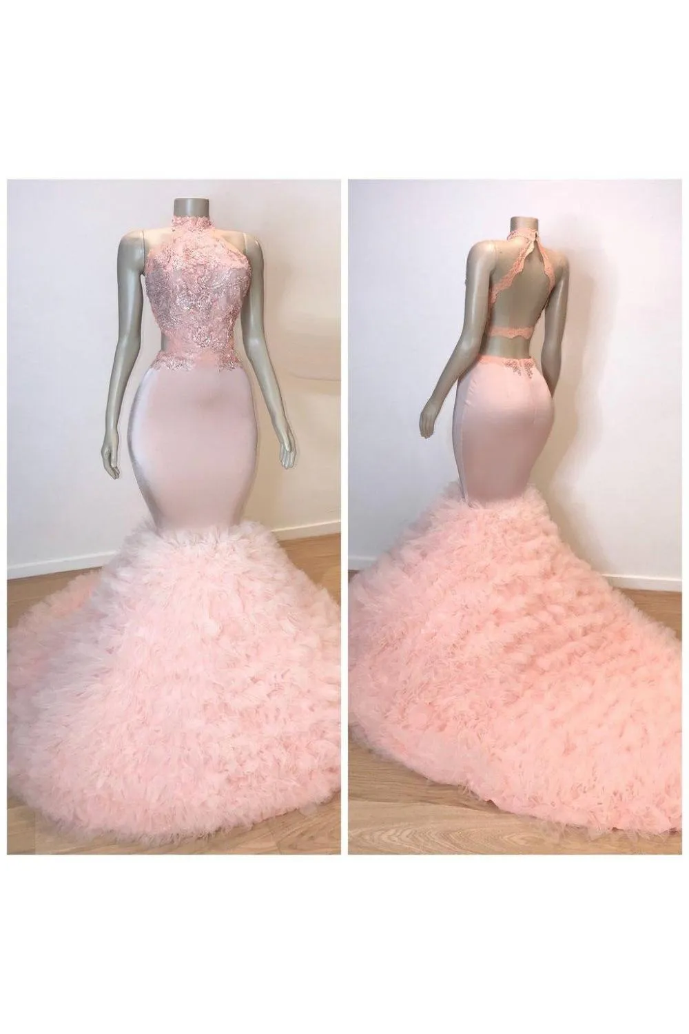 Pink Halter Sleeveless Mermaid Prom Dresses New Arrival Chic Open Back Lace Tulle Evening Gowns