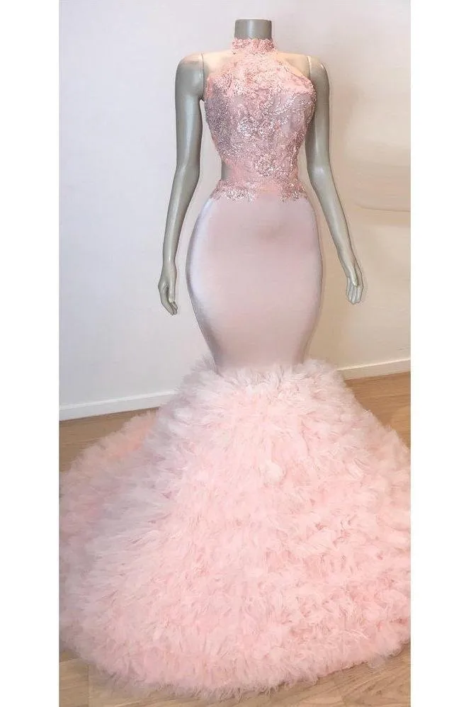 Pink Halter Sleeveless Mermaid Prom Dresses New Arrival Chic Open Back Lace Tulle Evening Gowns