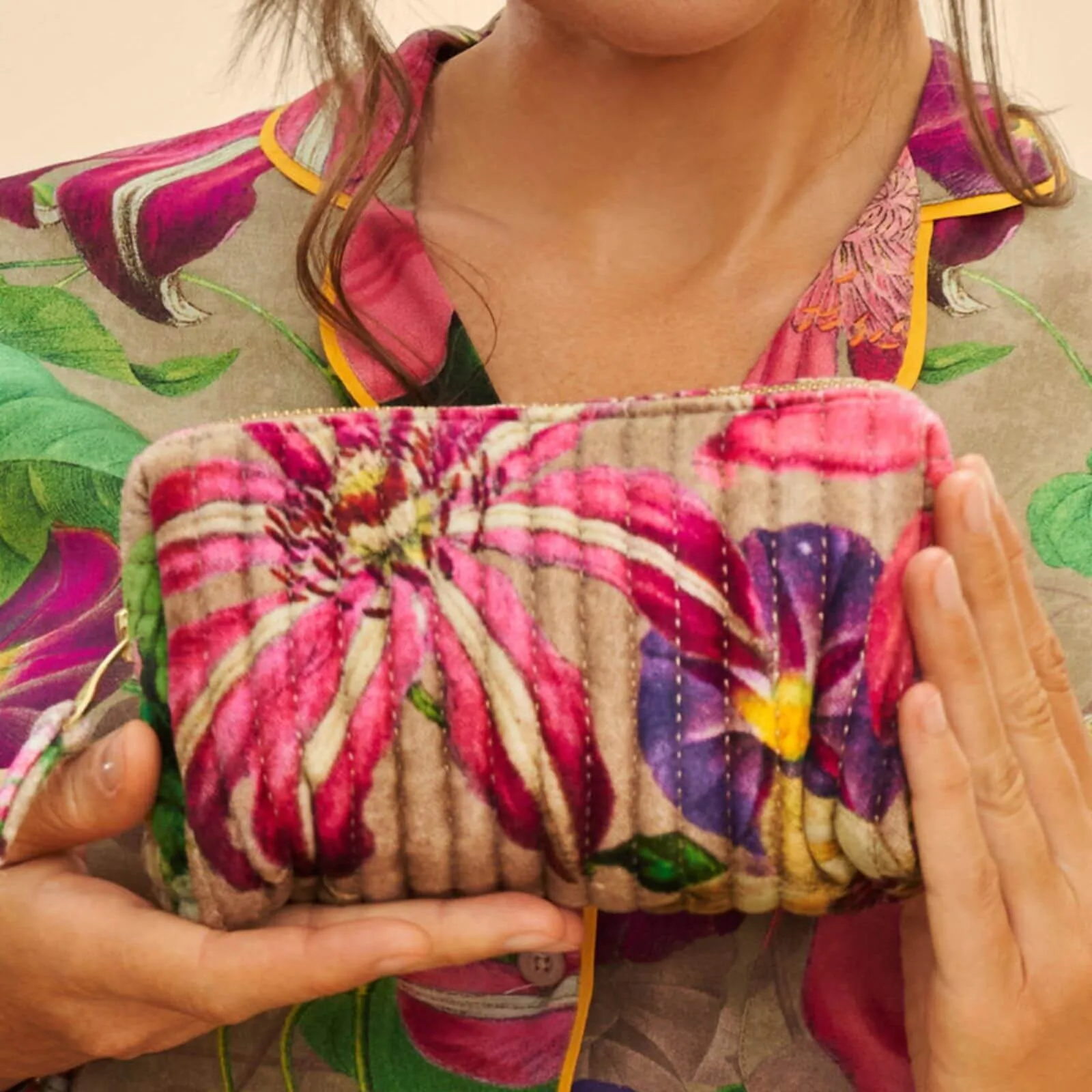 Powder Botanicals Quilted Printed Velvet Vanity Bag