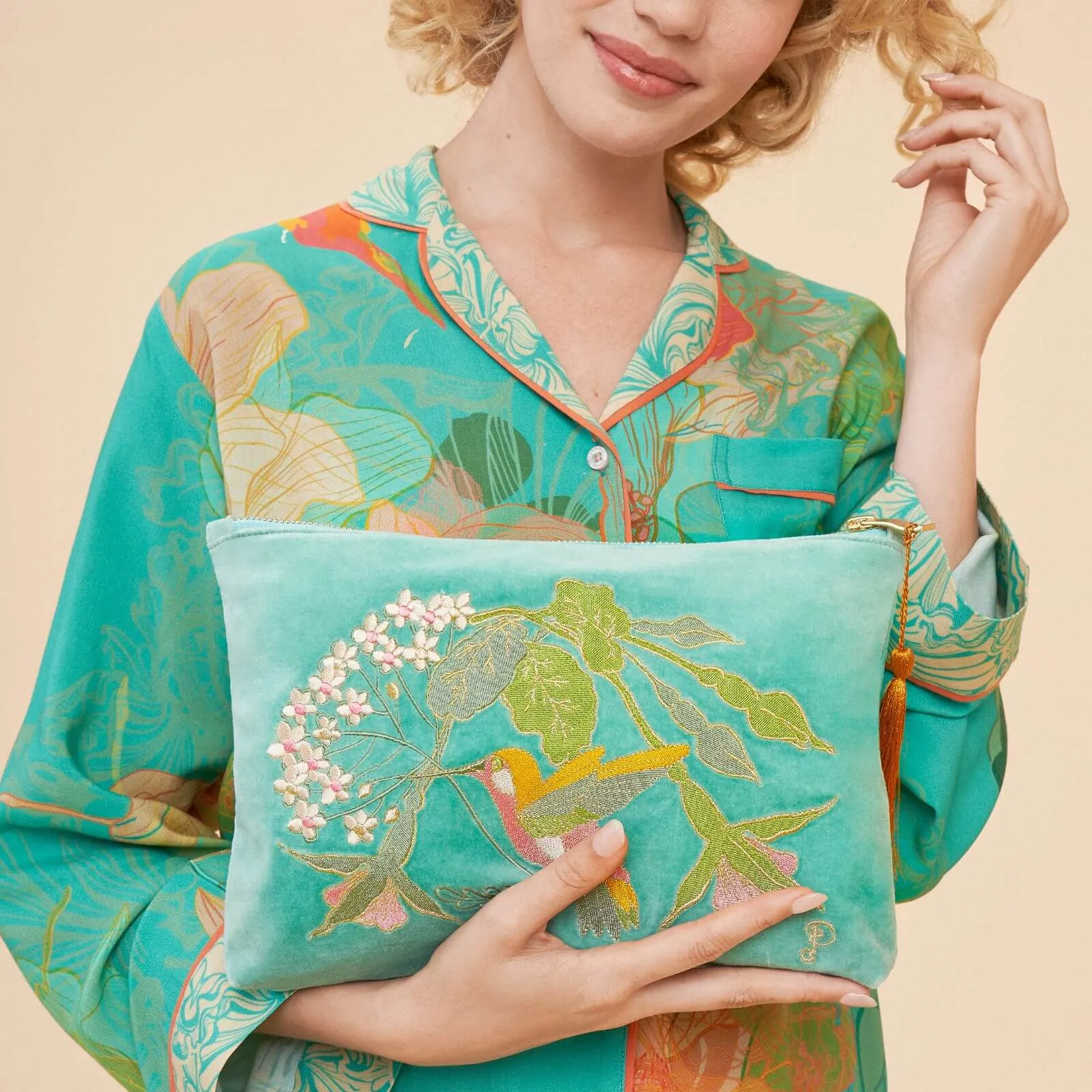 Powder Hummingbird Aqua Velvet Zip Pouch