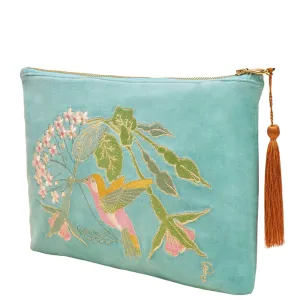 Powder Hummingbird Aqua Velvet Zip Pouch