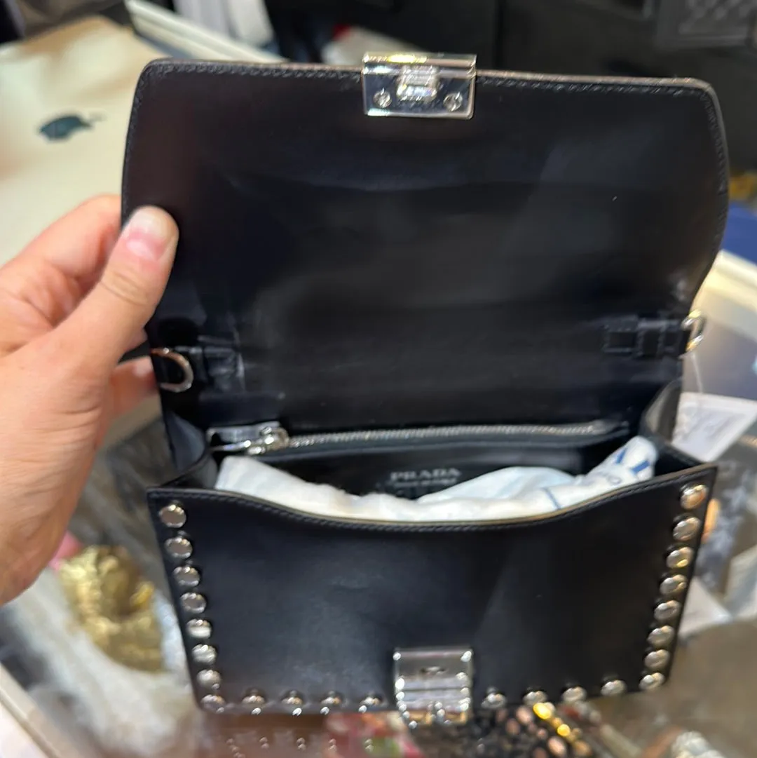 Prada Black Elektra Leather Trunk Bag with Leaopard and Studded Strap