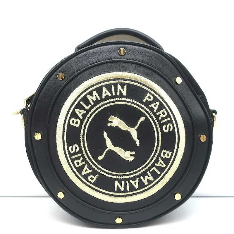 PUMA x Balmain Round Backpack Black Leather & Satin Small Crossbody Bag