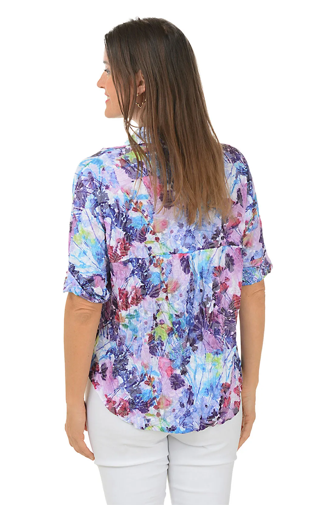 Purple Flower Crinkle Button-Front Shirt