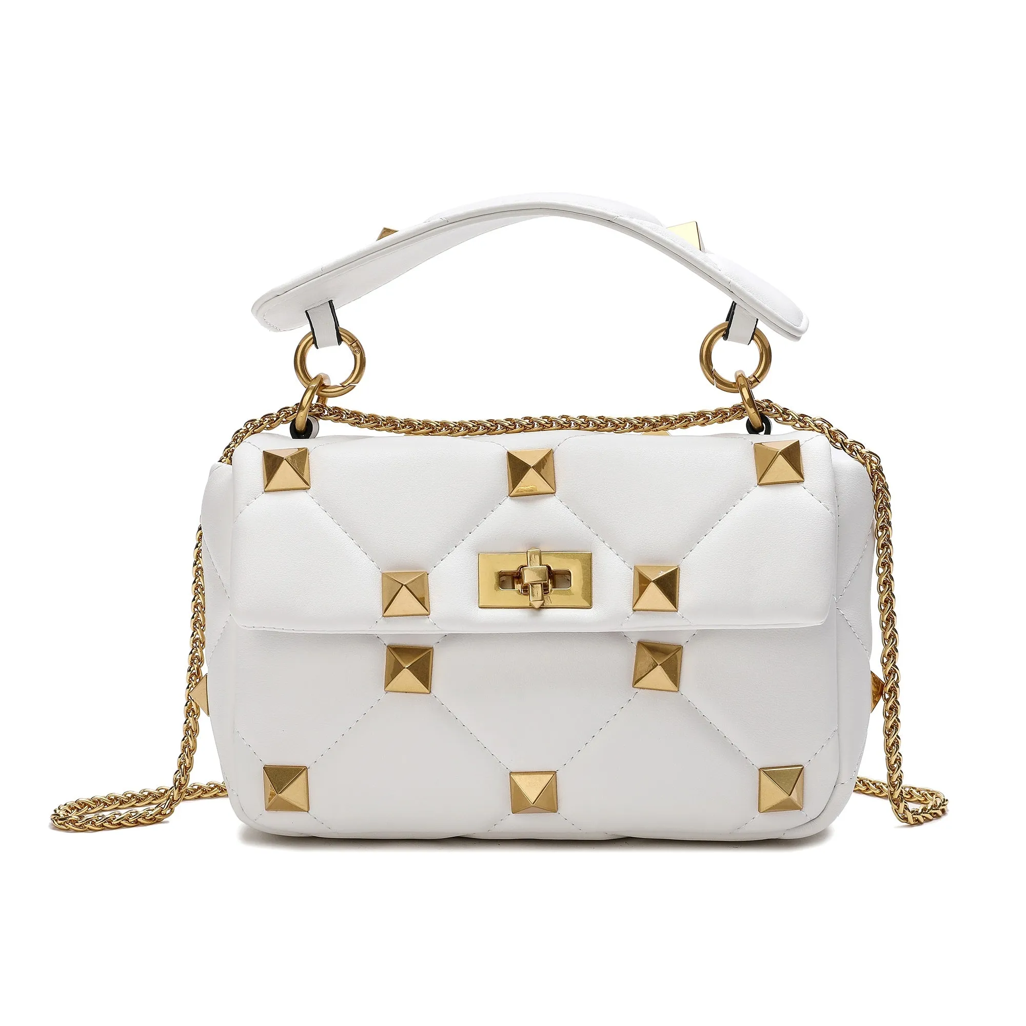 Quilted and Studded Sheepskin Leather Shoulder Bag