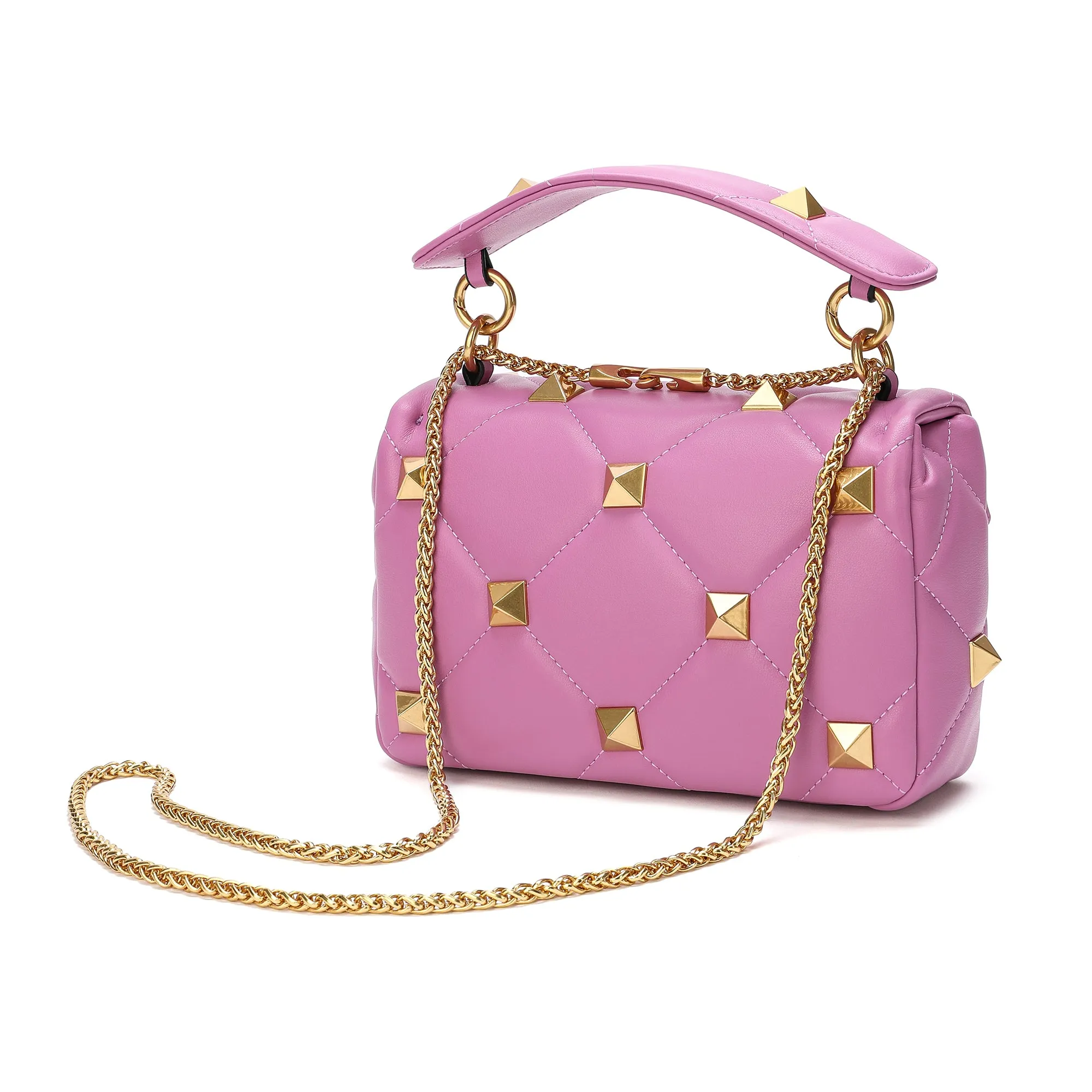 Quilted and Studded Sheepskin Leather Shoulder Bag